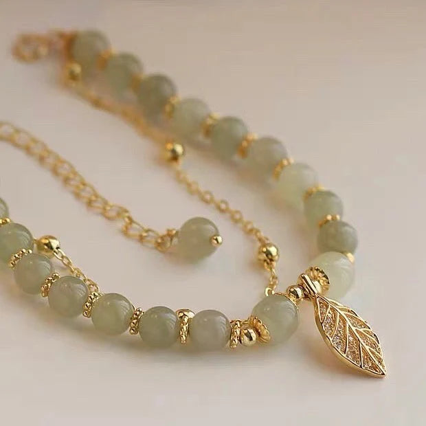 Natural Hetian Jade Feng Shui Wealth Leaf Bracelet