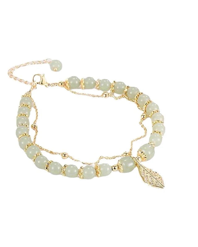 Natural Hetian Jade Feng Shui Wealth Leaf Bracelet