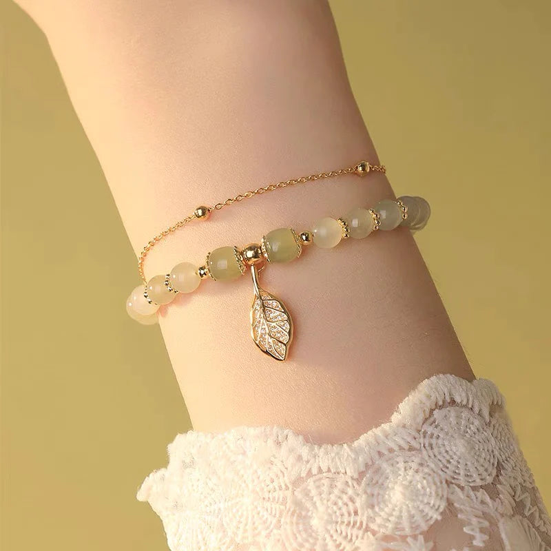 Natural Hetian Jade Feng Shui Wealth Leaf Bracelet