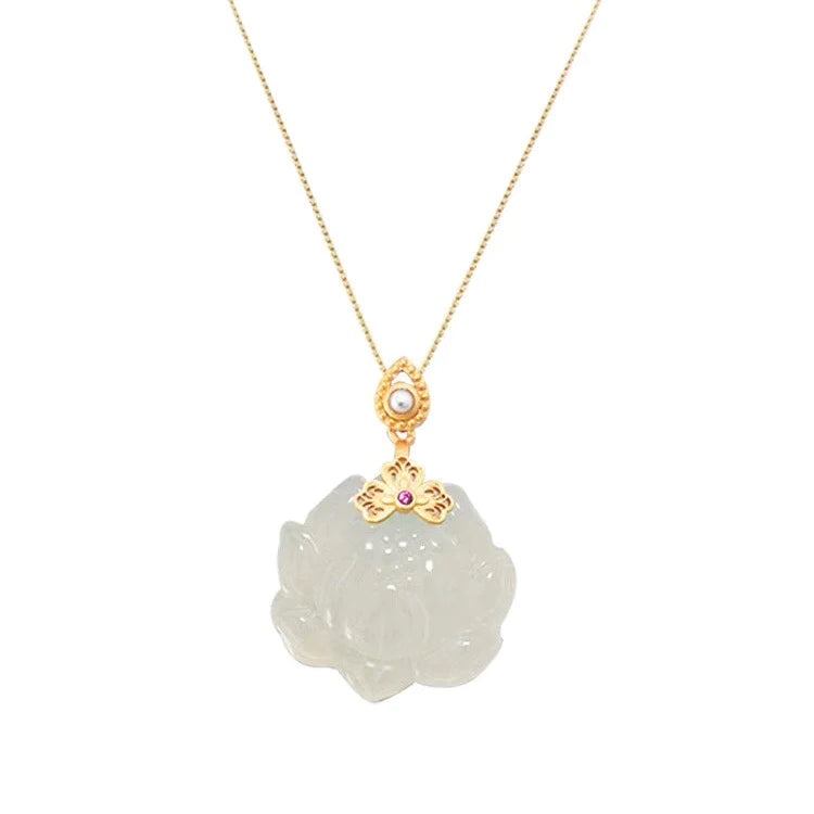 Natural White Jade Lotus Necklace