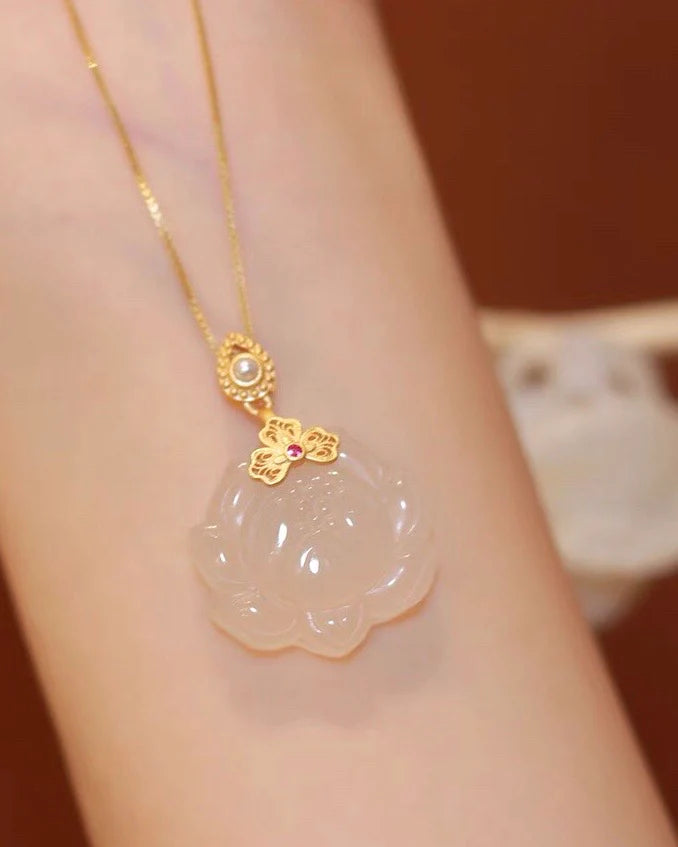 Natural White Jade Lotus Necklace
