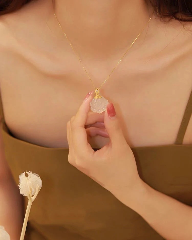 Natural White Jade Lotus Necklace