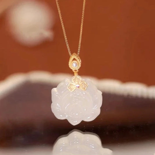 Natural White Jade Lotus Necklace