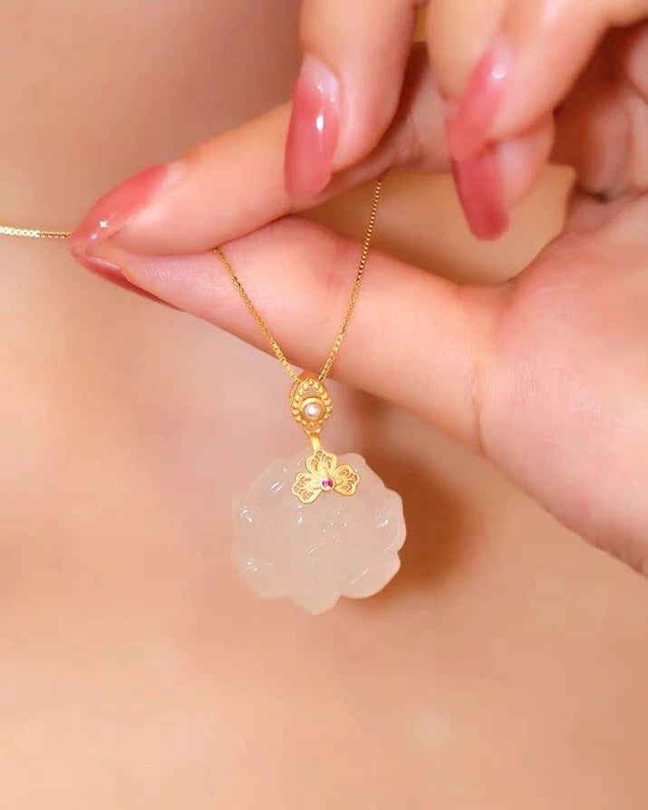 Natural White Jade Lotus Necklace
