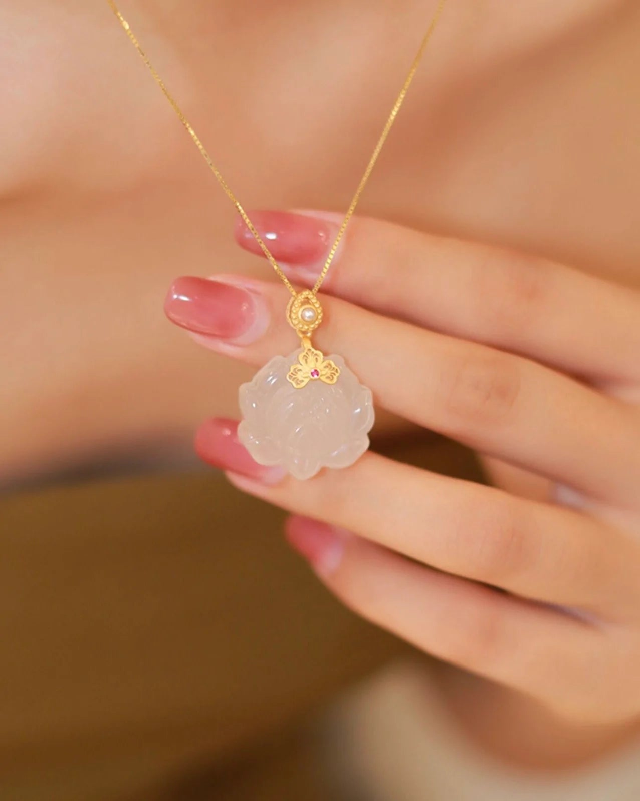 Natural White Jade Lotus Necklace
