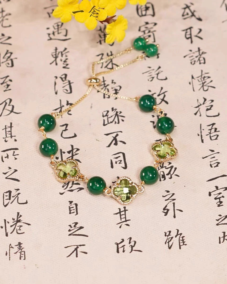 Lucky Clover Natural Green Jade Bracelet