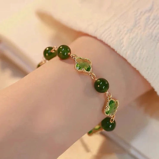 Lucky Clover Natural Green Jade Bracelet