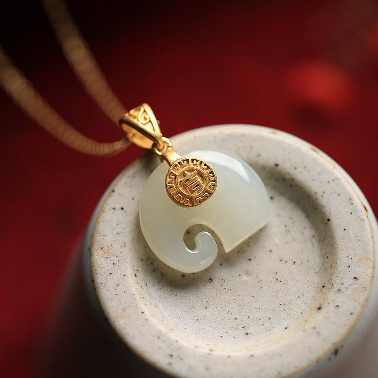 Feng Shui Elephant White Jade Pendant Necklace