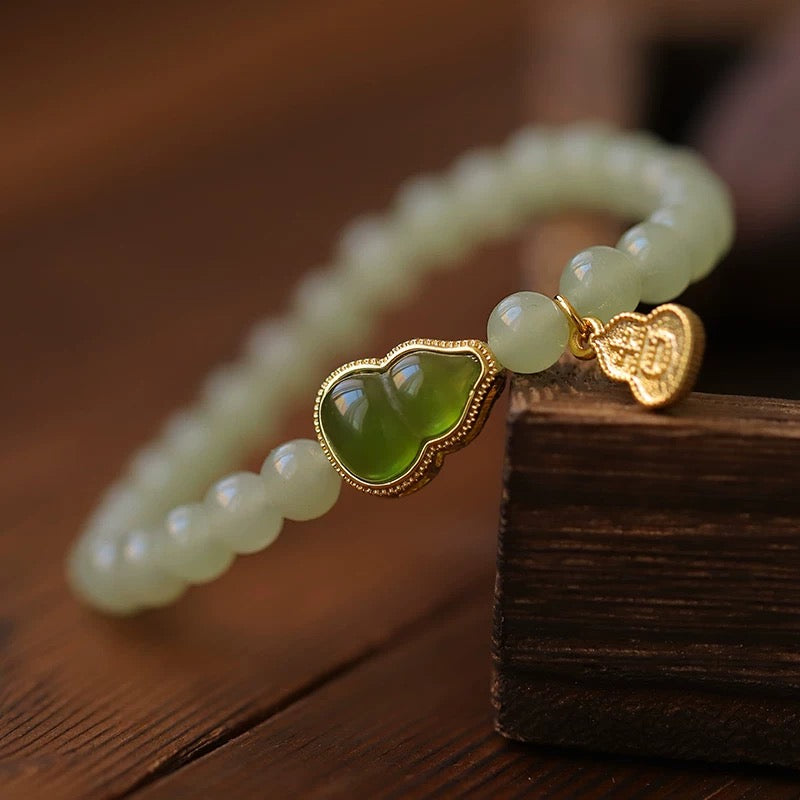 Natural Hetian Green Jade Feng Shui Calabash Bracelet