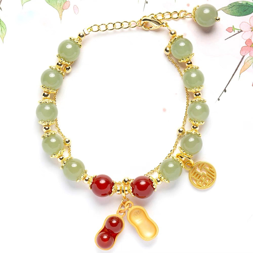 Natural Hetian Green Jade & Red Agate Lucky Peanut Bracelet