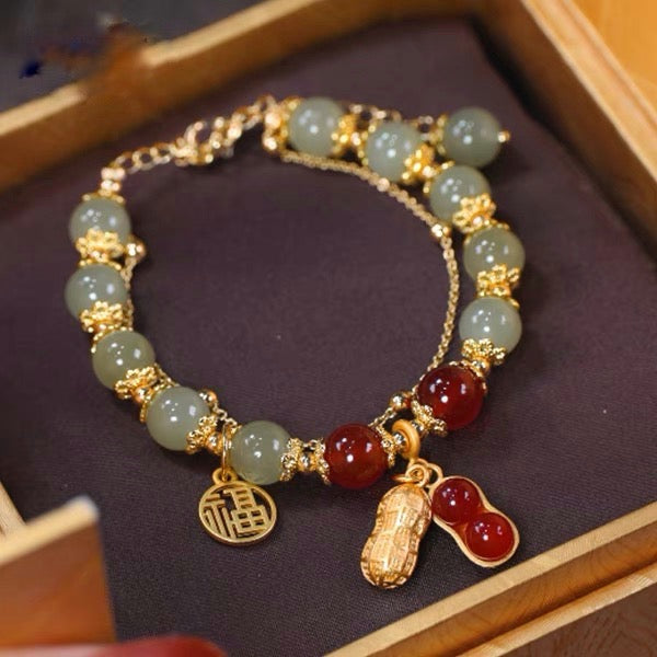Natural Hetian Green Jade & Red Agate Lucky Peanut Bracelet