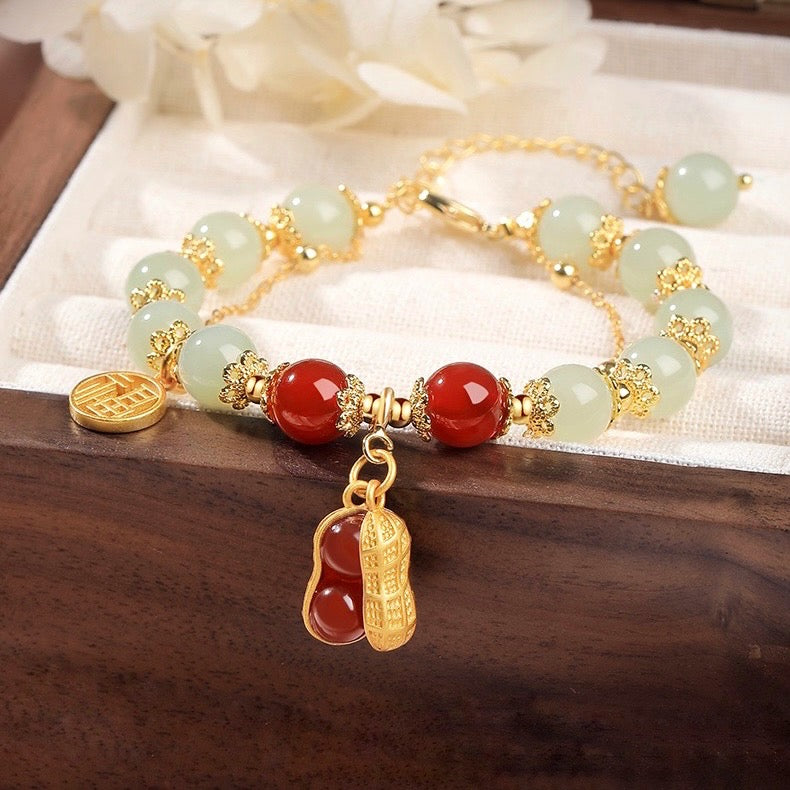 Natural Hetian Green Jade & Red Agate Lucky Peanut Bracelet