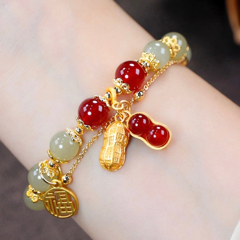 Natural Hetian Green Jade & Red Agate Lucky Peanut Bracelet
