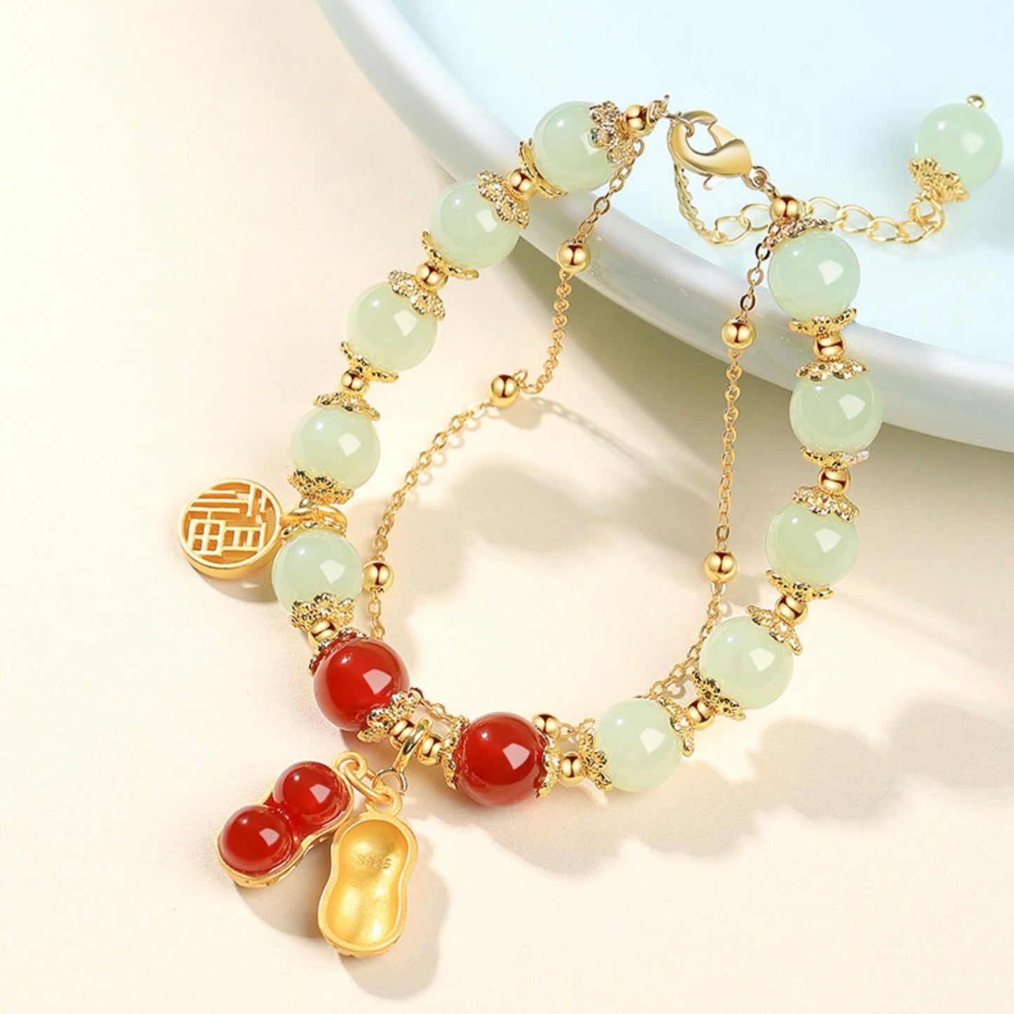 Natural Hetian Green Jade & Red Agate Lucky Peanut Bracelet