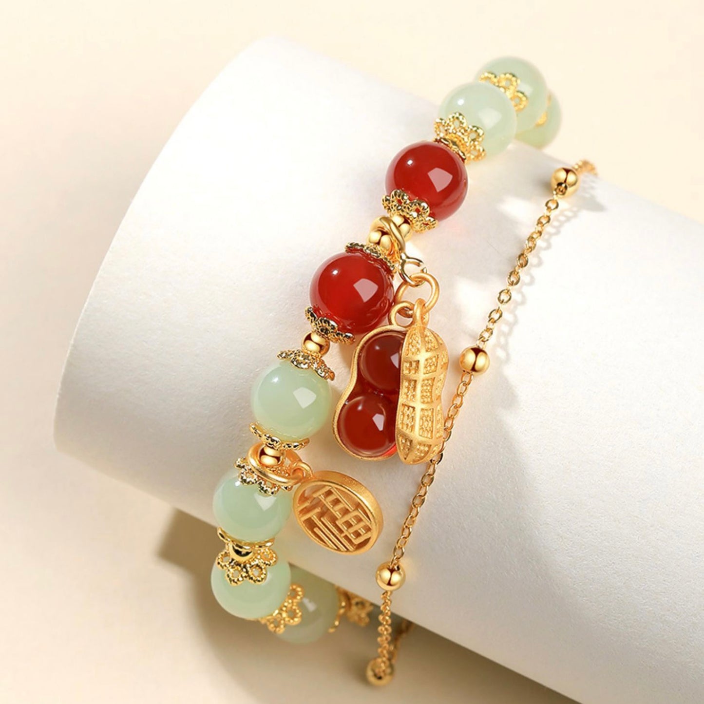 Natural Hetian Green Jade & Red Agate Lucky Peanut Bracelet
