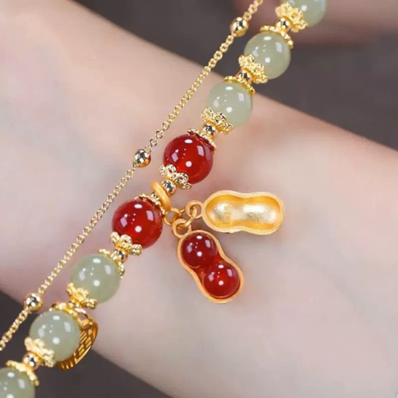 Natural Hetian Green Jade & Red Agate Lucky Peanut Bracelet