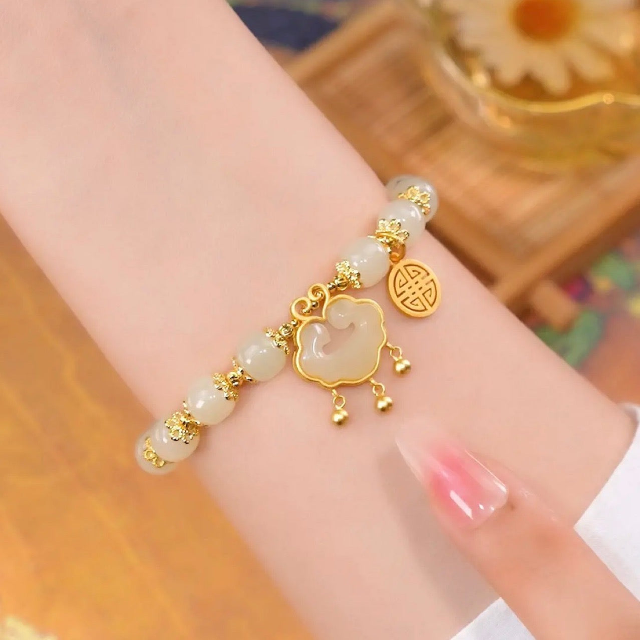 Natural Green Jade Lucky Lock Full Blessing Bracelet
