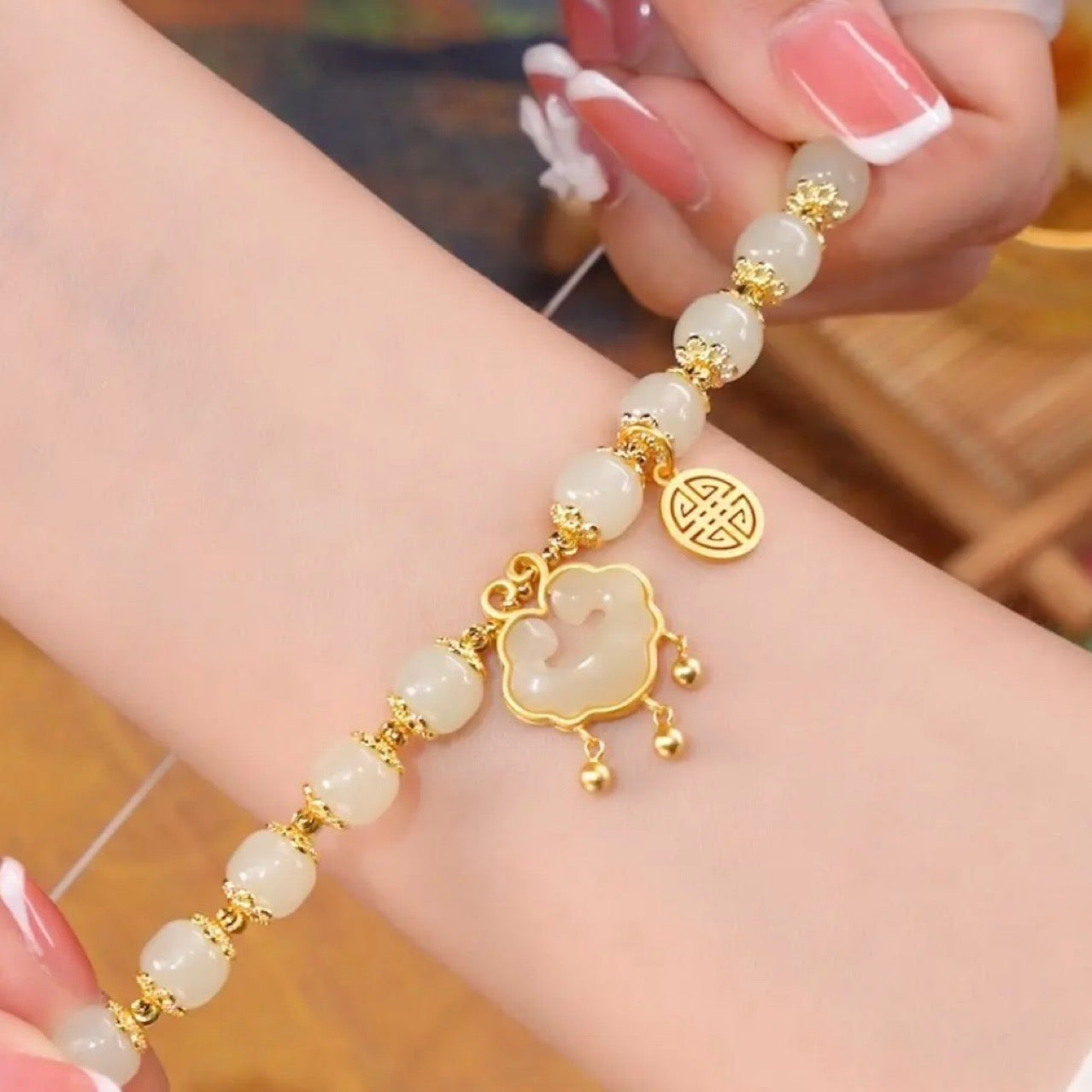 Natural Green Jade Lucky Lock Full Blessing Bracelet