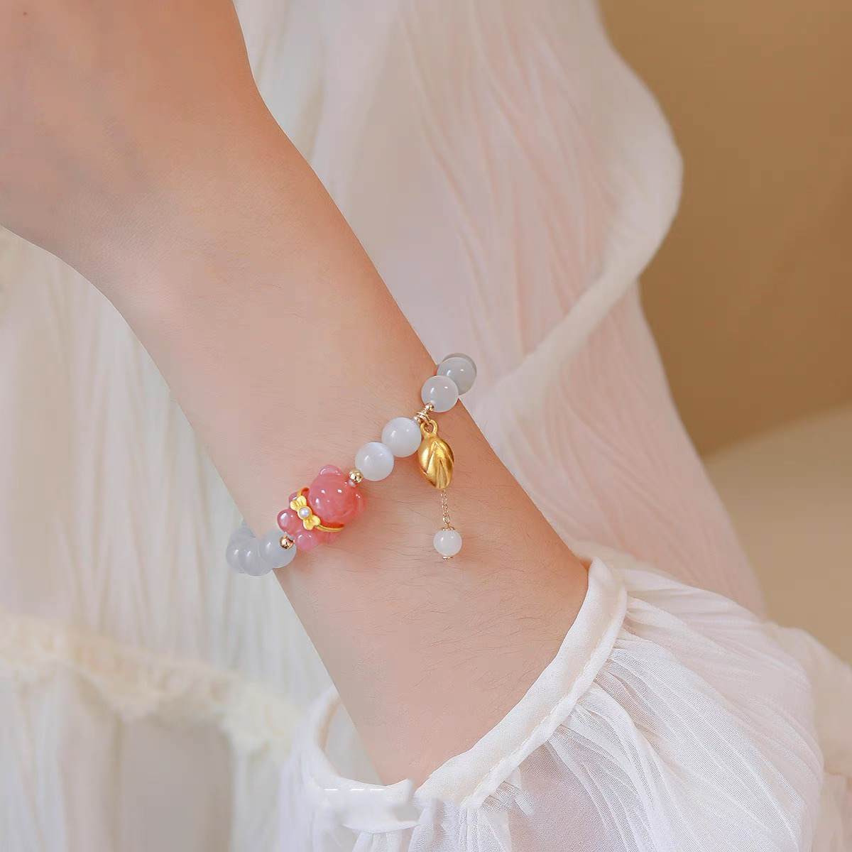 Natural Yanyuan Agate & Moon Stone Feng Shui Bear Protection Bracelet