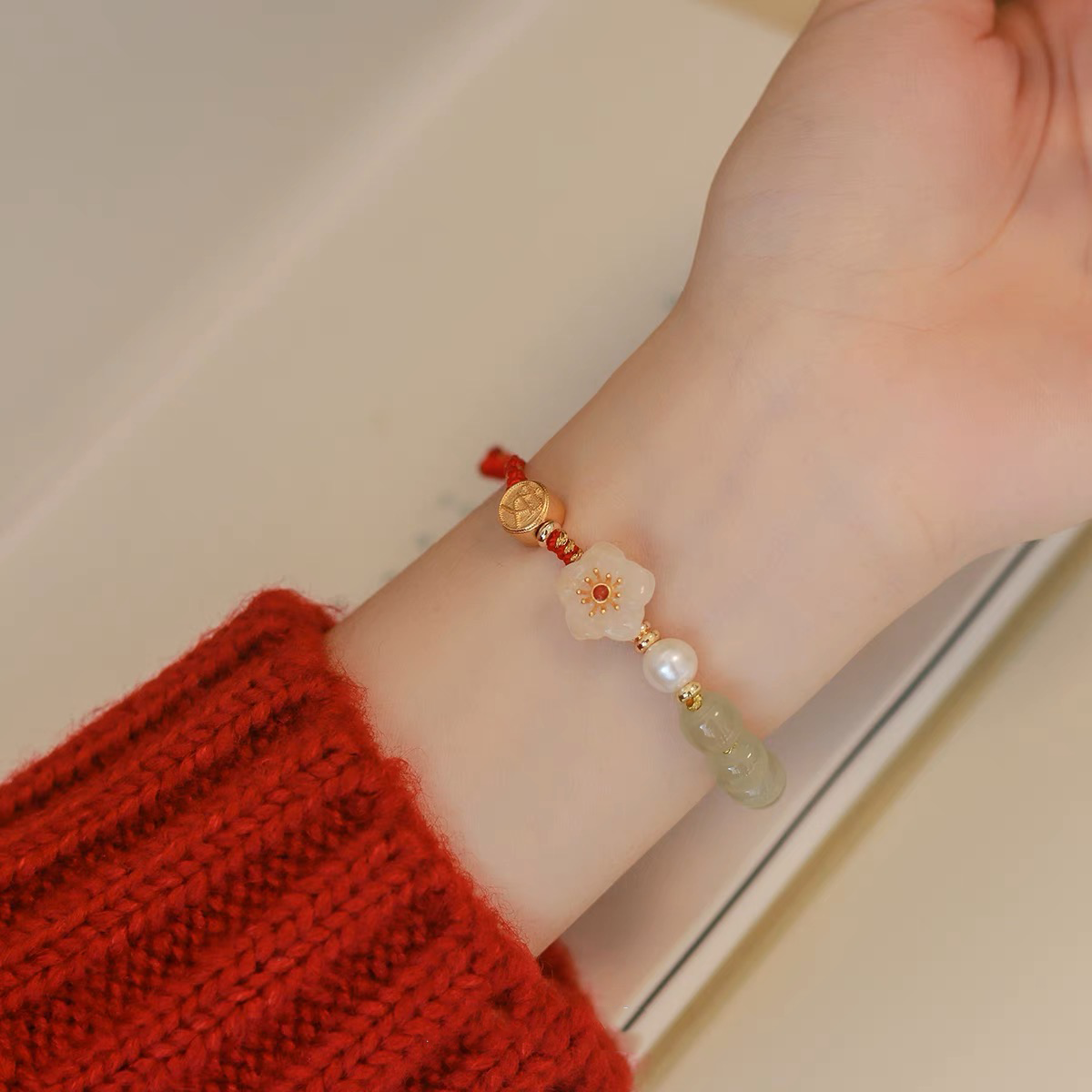 Natural Hetian Jade Feng Shui Peach Blossom Pearls Protection Rope Bracelet