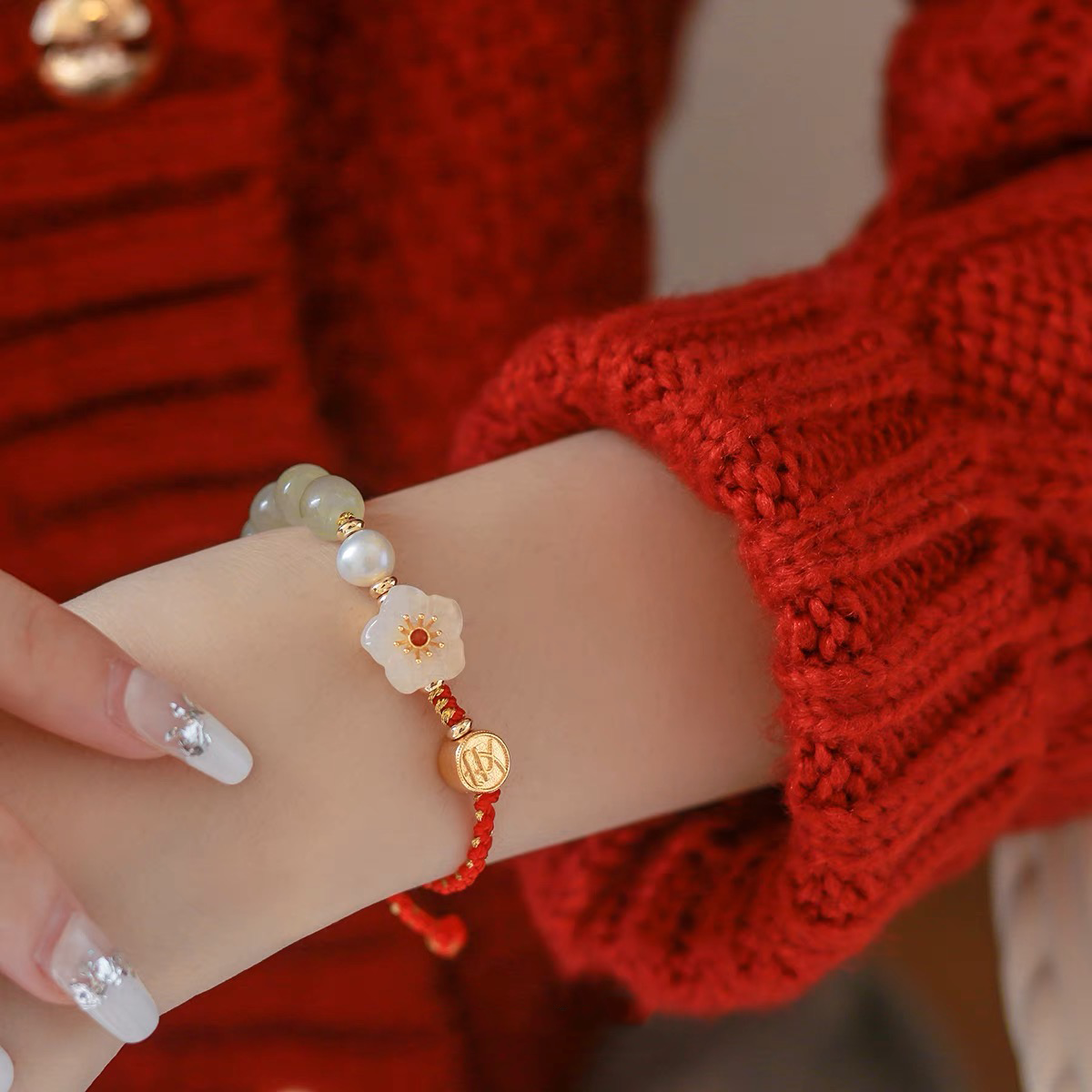 Natural Hetian Jade Feng Shui Peach Blossom Pearls Protection Rope Bracelet