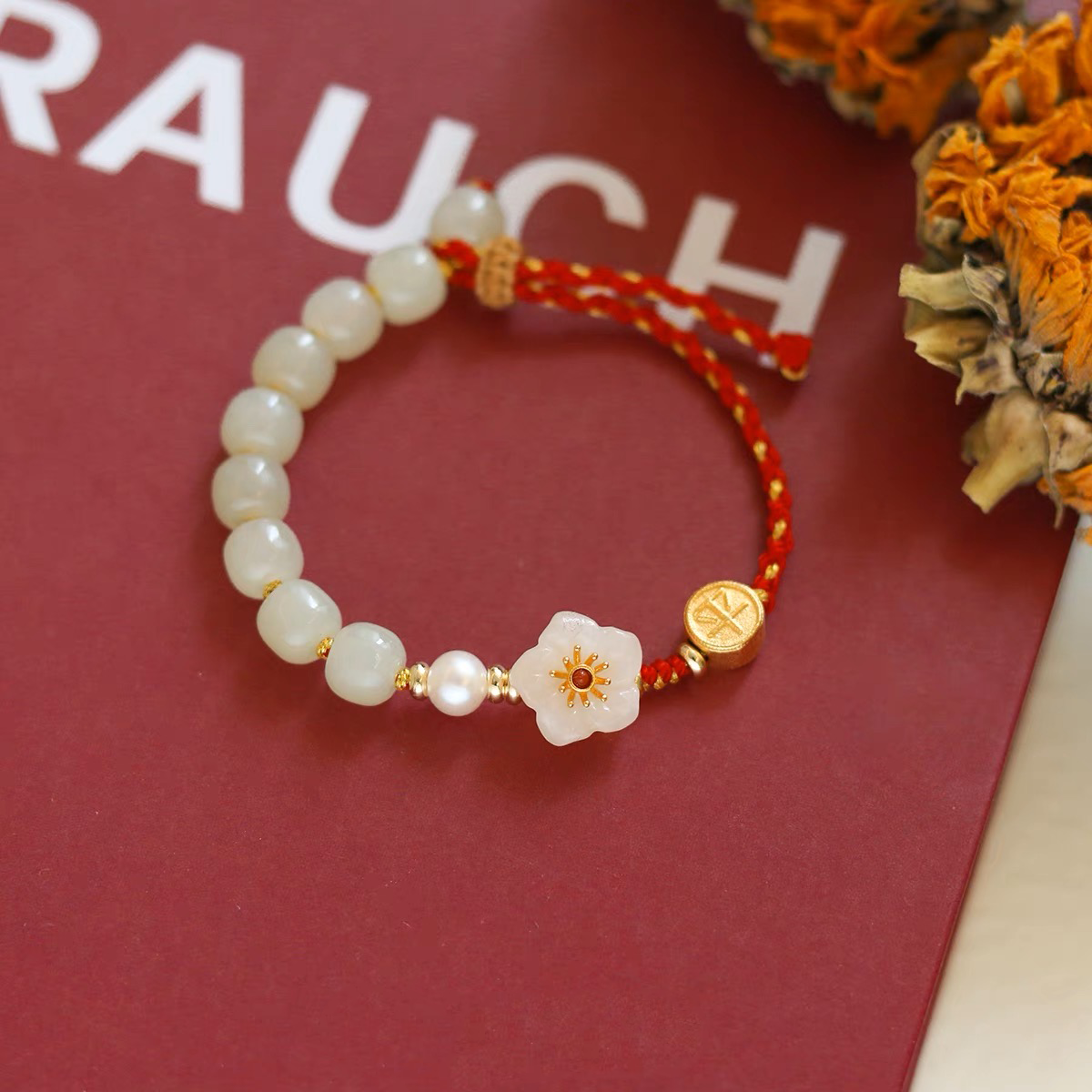 Natural Hetian Jade Feng Shui Peach Blossom Pearls Protection Rope Bracelet