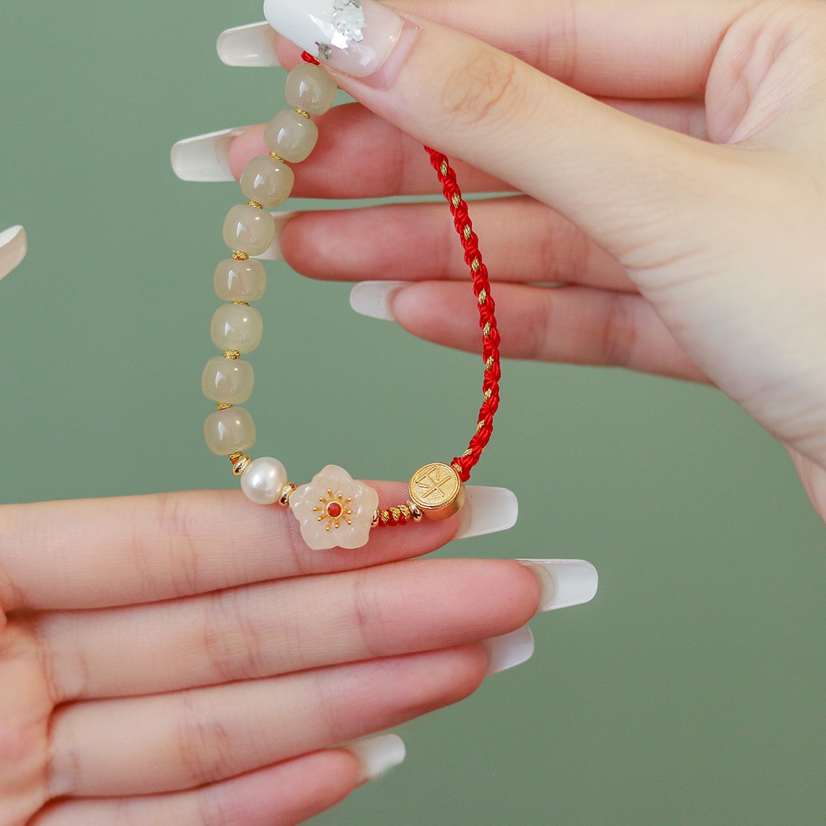 Natural Hetian Jade Feng Shui Peach Blossom Pearls Protection Rope Bracelet