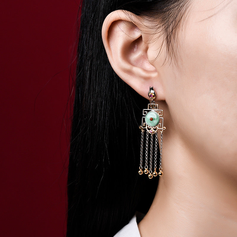 Natural Emerald Feng Shui Protection Earrings