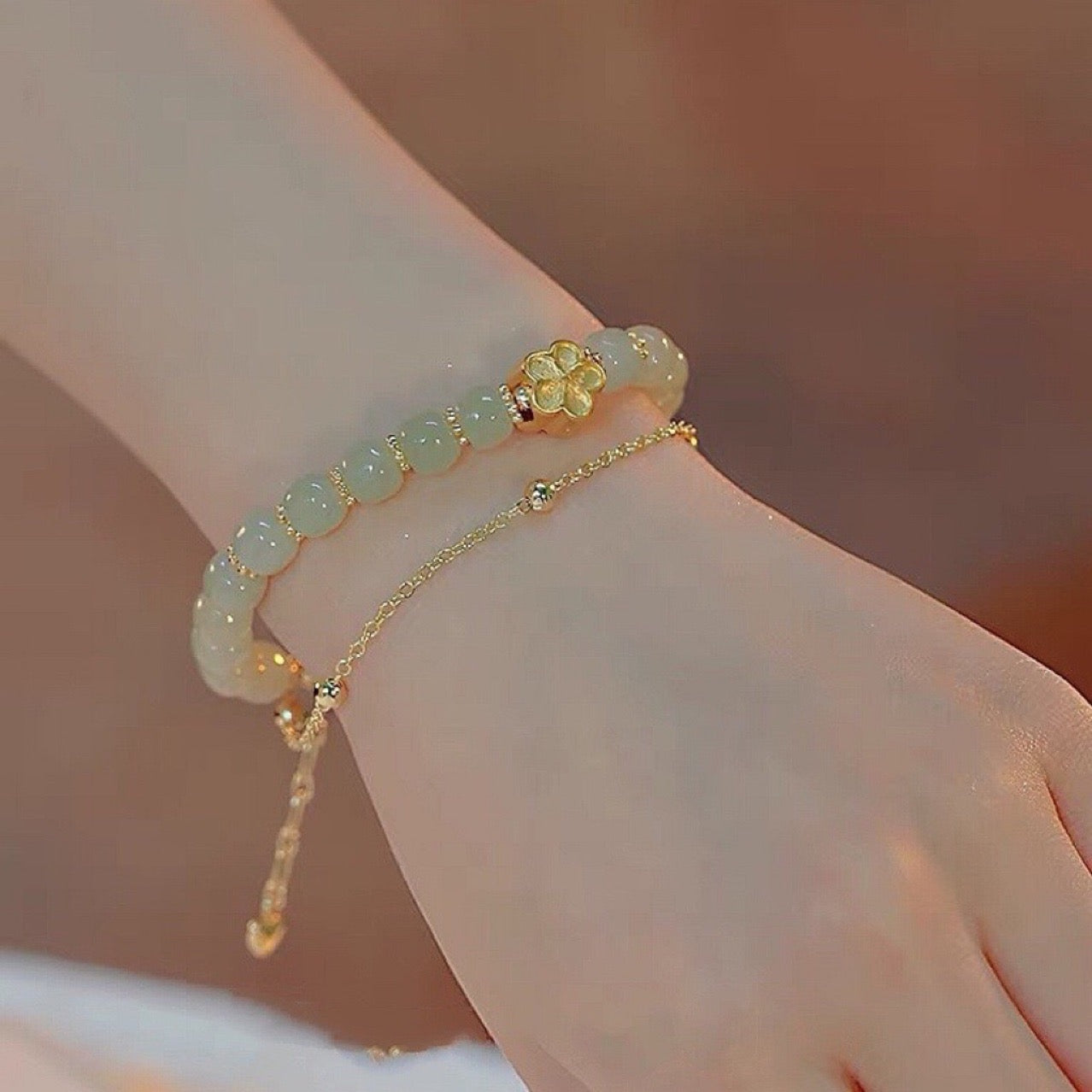 Natural Hetian Green Jade Feng Shui Flower Luck Bracelet