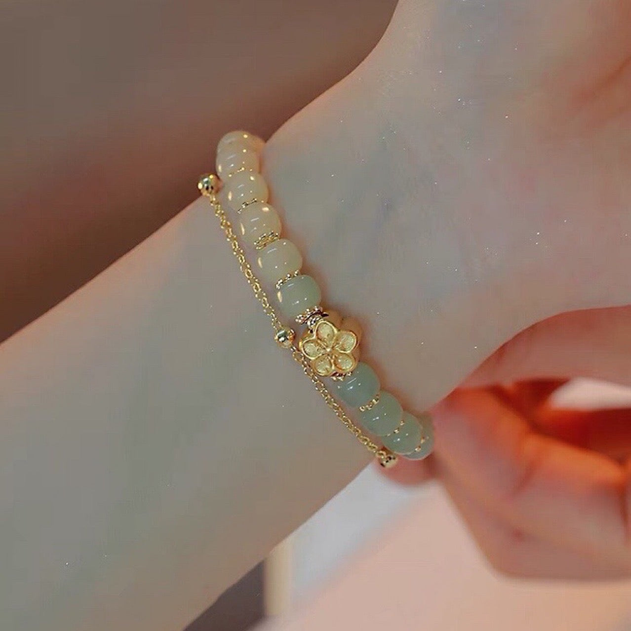Natural Hetian Green Jade Feng Shui Flower Luck Bracelet