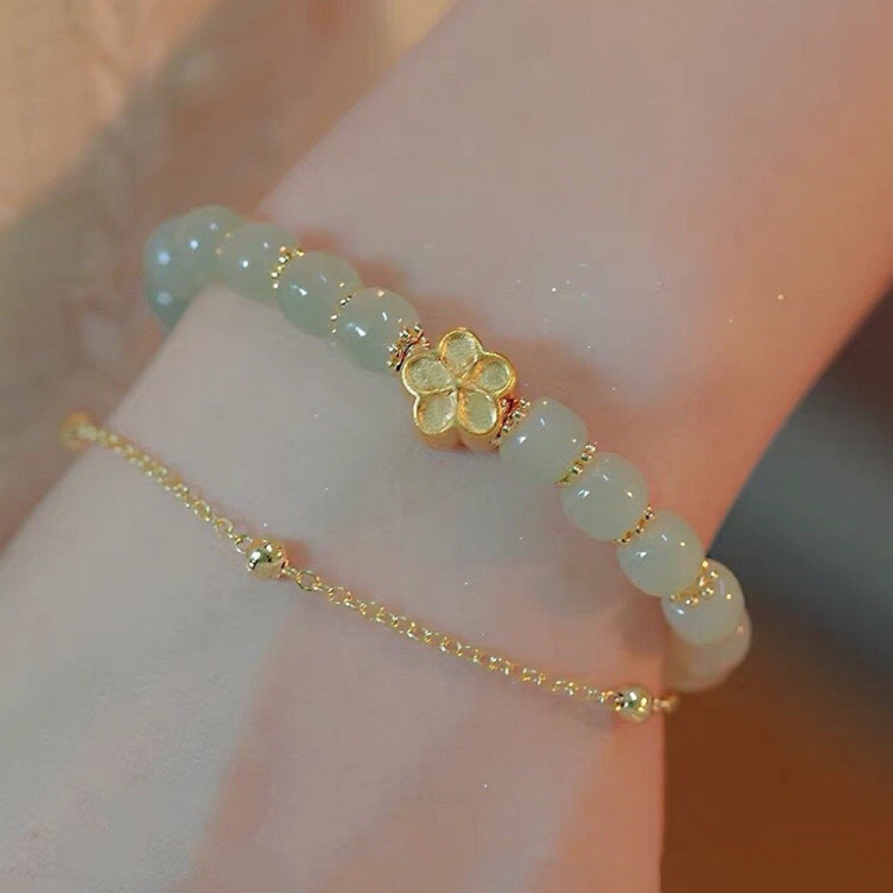 Natural Hetian Green Jade Feng Shui Flower Luck Bracelet