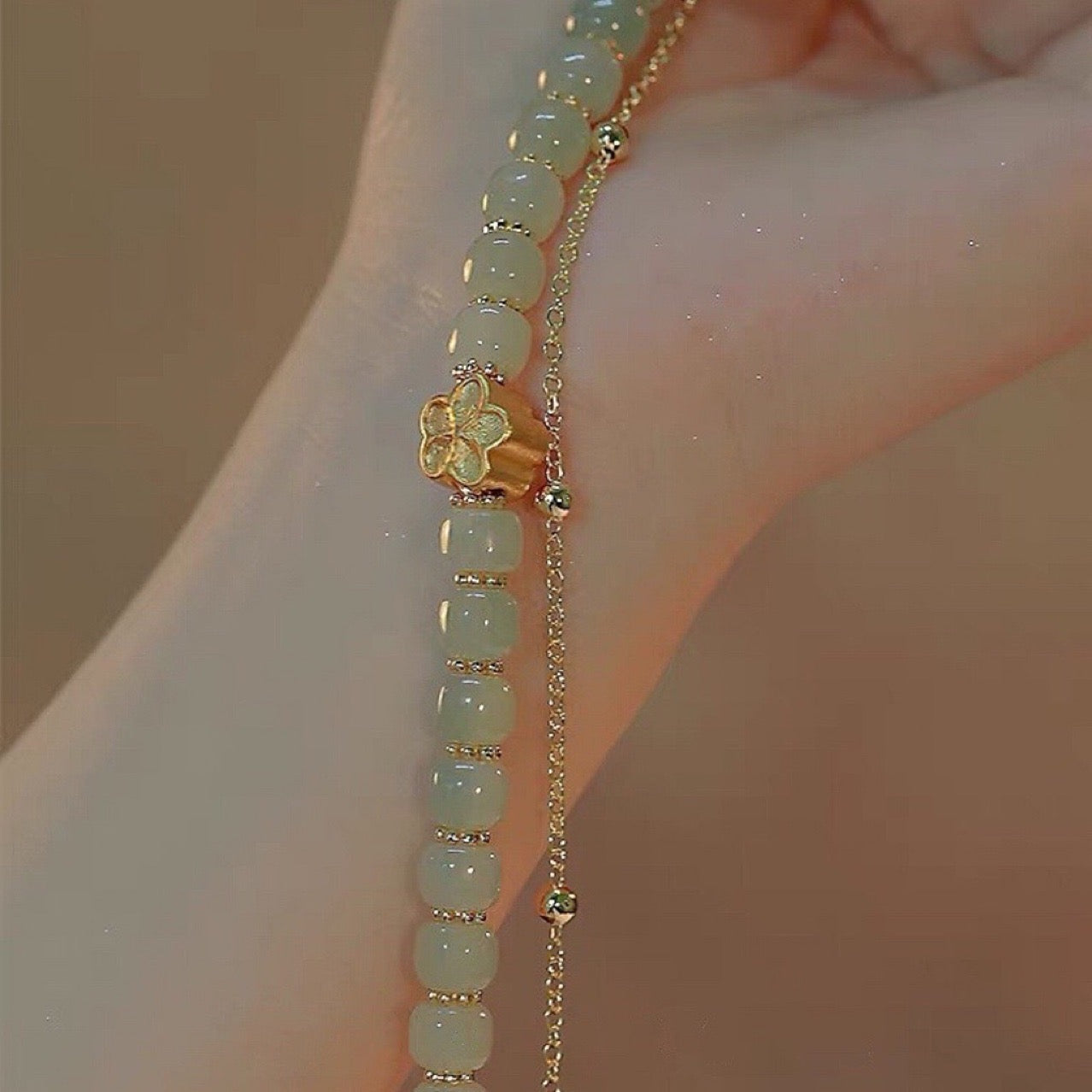Natural Hetian Green Jade Feng Shui Flower Luck Bracelet