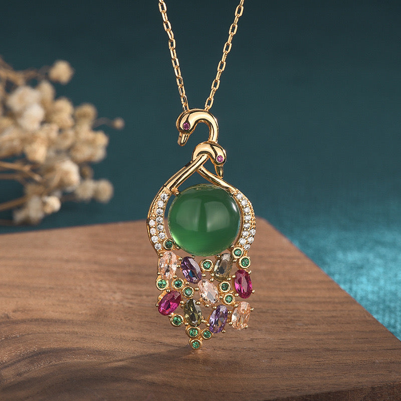 Feng Shui Swan Green Jade Pendant Necklace