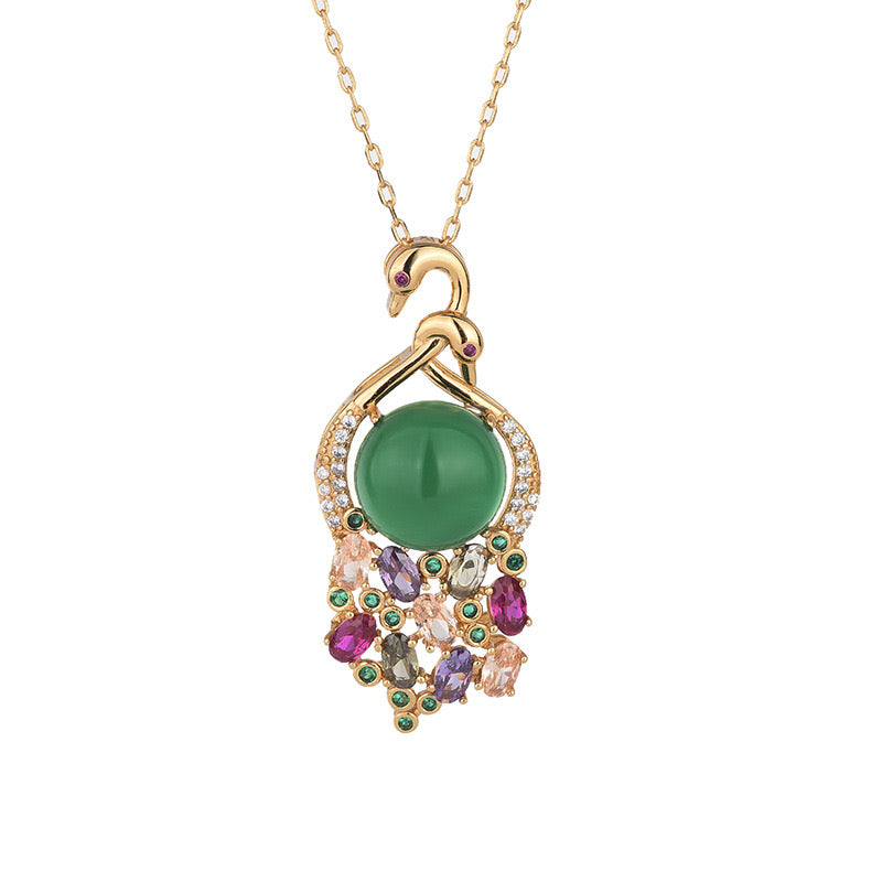 Feng Shui Swan Green Jade Pendant Necklace