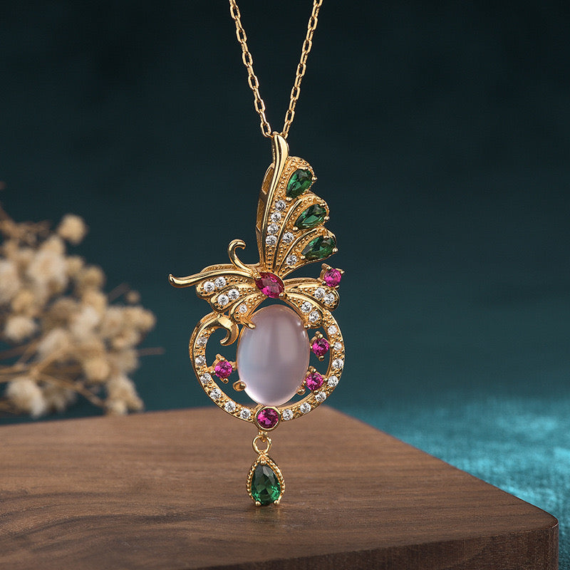 Feng Shui Butterfly Pink Jade Prosperity Necklace