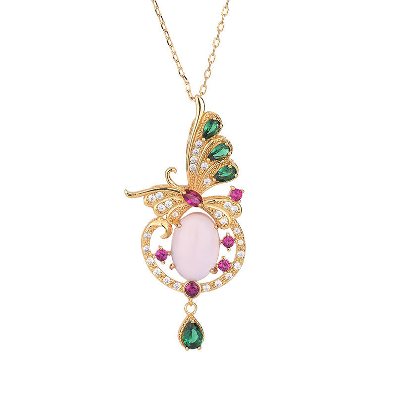 Feng Shui Butterfly Pink Jade Prosperity Necklace