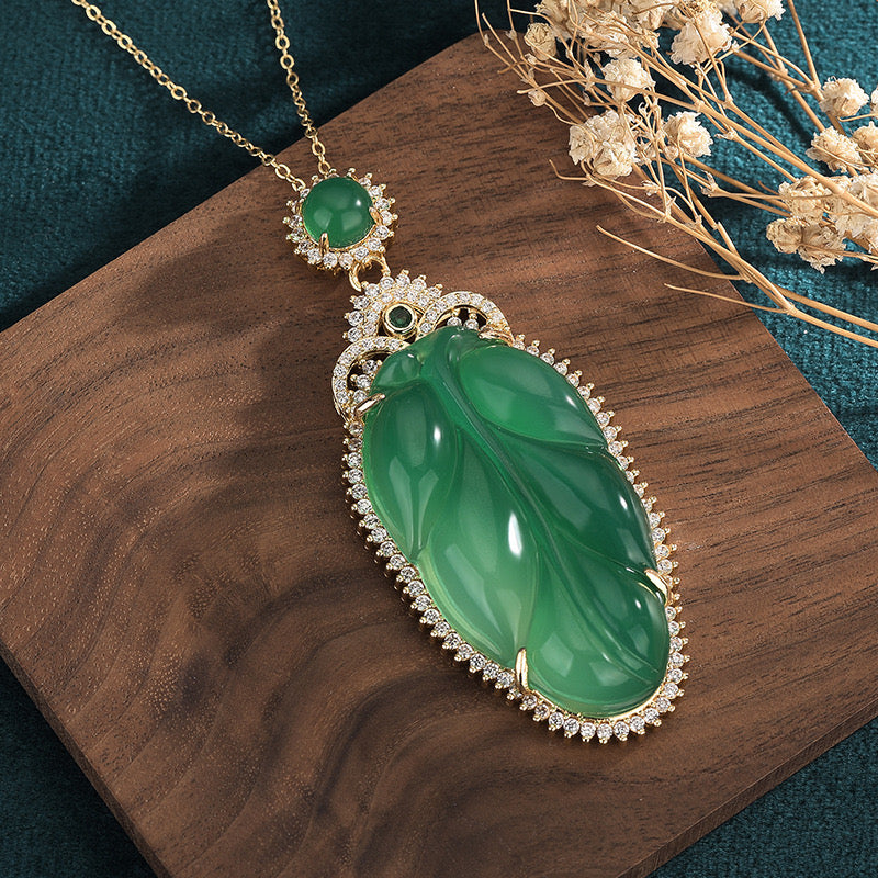 Feng Shui Leaf Green Jade Pendant Necklace
