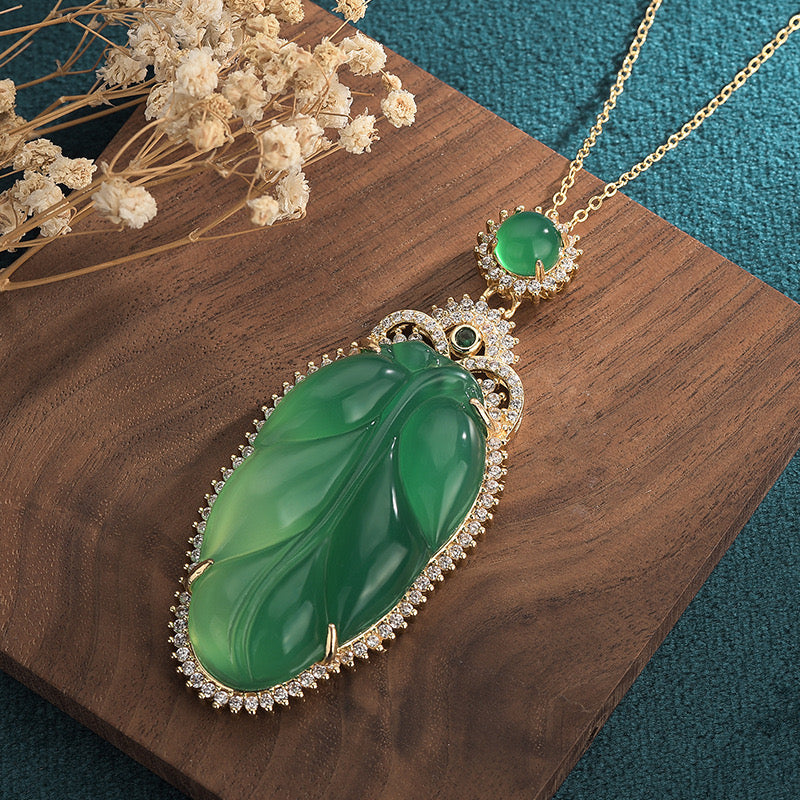 Feng Shui Leaf Green Jade Pendant Necklace