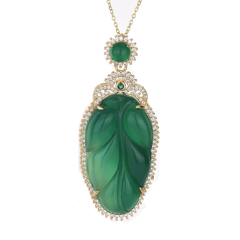 Feng Shui Leaf Green Jade Pendant Necklace