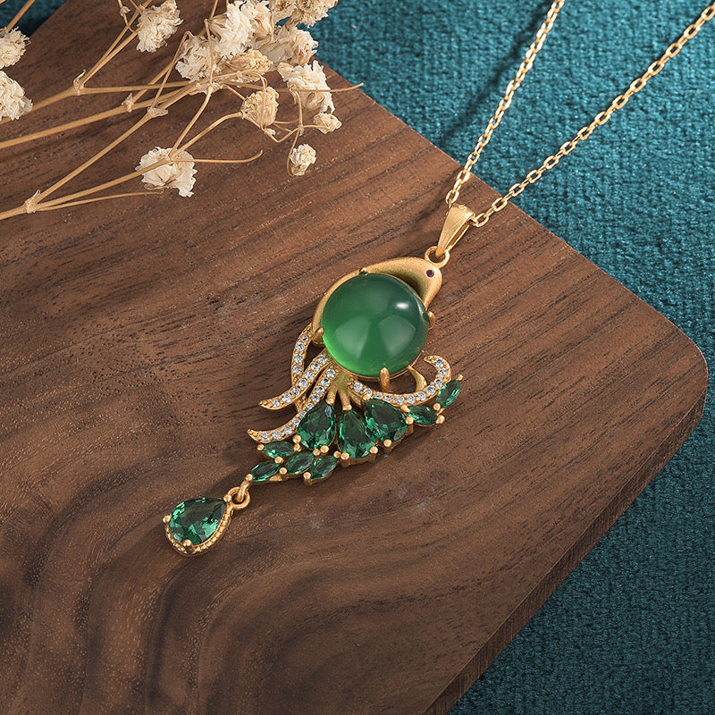Feng Shui Peacock Green Jade Pendant Necklace