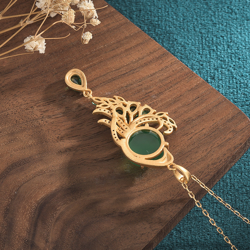 Feng Shui Peacock Green Jade Pendant Necklace