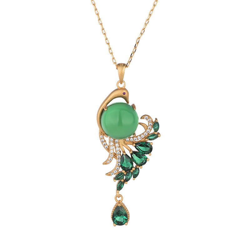 Feng Shui Peacock Green Jade Pendant Necklace