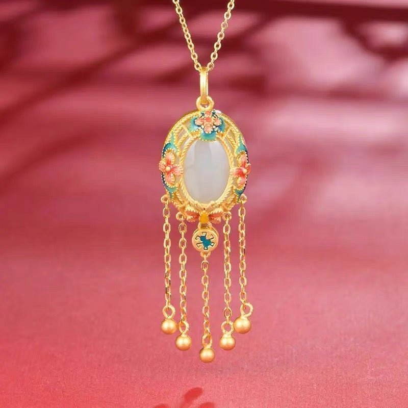 Natural White Jade Enamel Flower Pendant