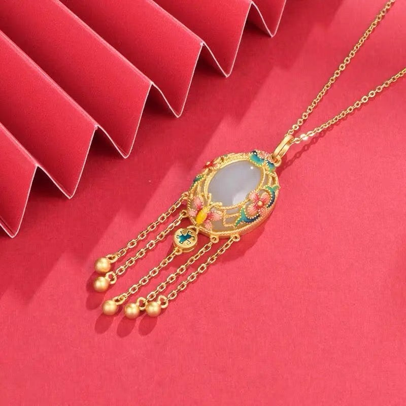 Natural White Jade Enamel Flower Pendant