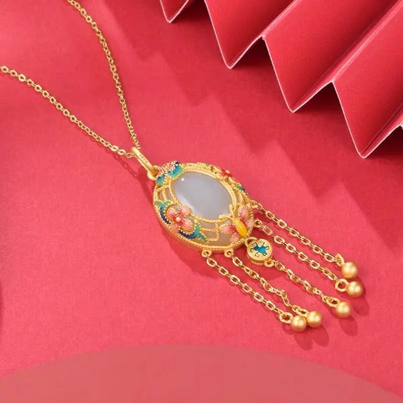 Natural White Jade Enamel Flower Pendant