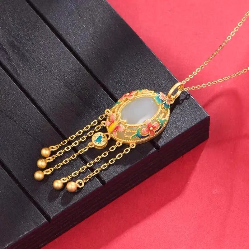 Natural White Jade Enamel Flower Pendant