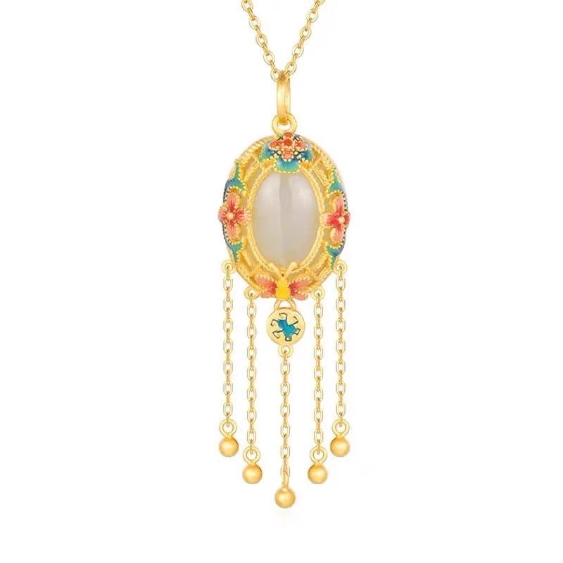 Natural White Jade Enamel Flower Pendant
