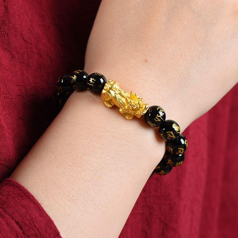 Black Obsidian Mantra Gold Bead Pixiu Wealth Bracelet