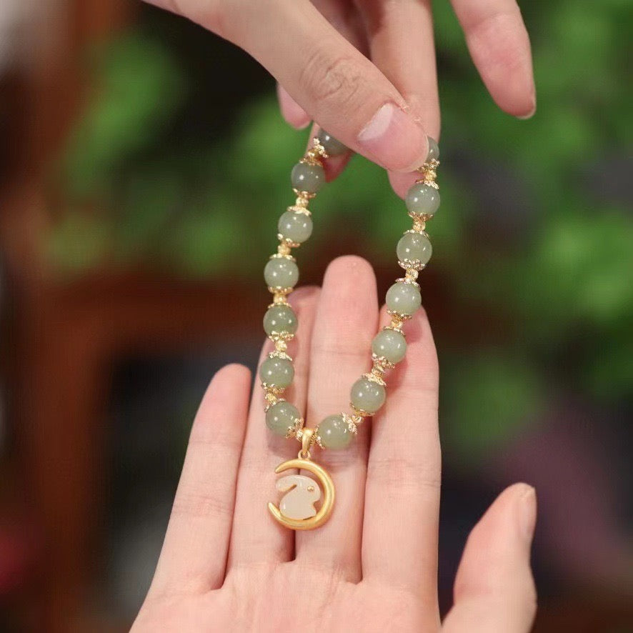 Natural Hetian Green Jade Rabbit & Moon Bracelet