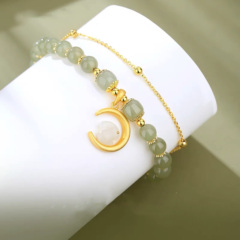 Natural Hetian Green Jade Rabbit & Moon Bracelet